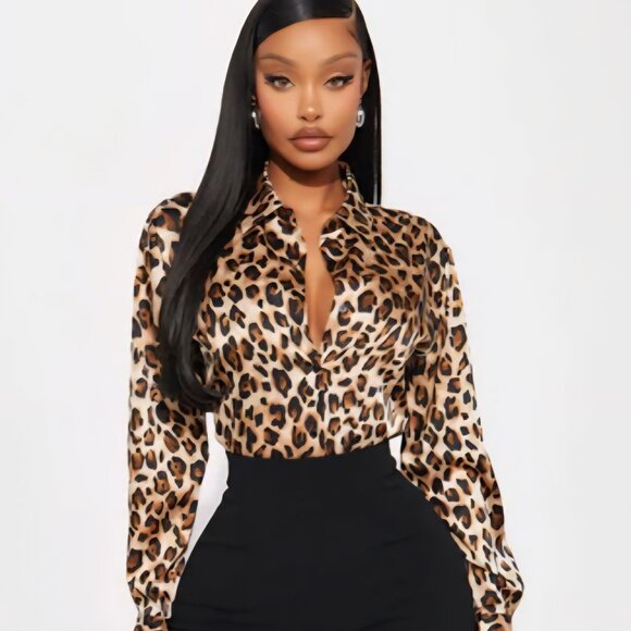 Fashion Nova leopard print long sleeve button down shirt 1X - Picture 1 of 4